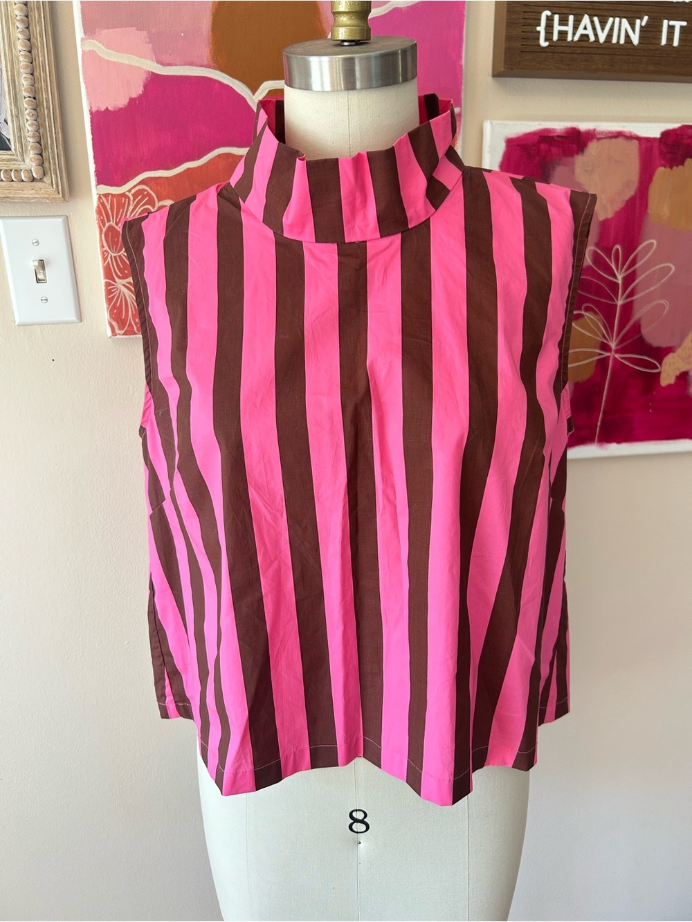 BURU Sleeveless Mock Neck Striped Crop Blouse with Button Down Back